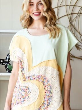 Oli & Hali cotton Mint and Pale Yellow Patchwork Short Sleeve Tunic oversized